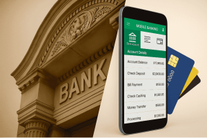 Banque traditionnelle en arrière-plan et application de banque mobile affichée sur smartphone