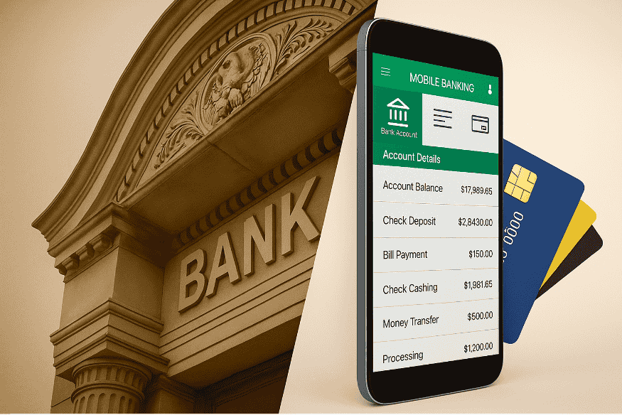 Banque traditionnelle en arrière-plan et application de banque mobile affichée sur smartphone