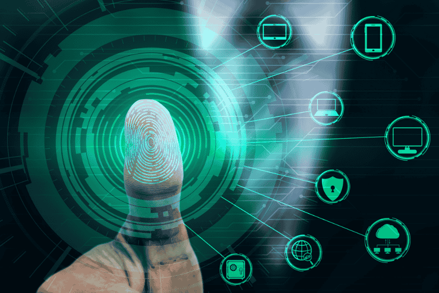 Empreinte digitale numérique entourée d’icônes de cybersécurité et d’équipements connectés.
